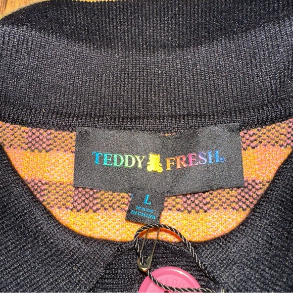 Teddy Fresh yellow Black Checkered knit Sweater size large FLAWS unique collared - Picture 5 of 11